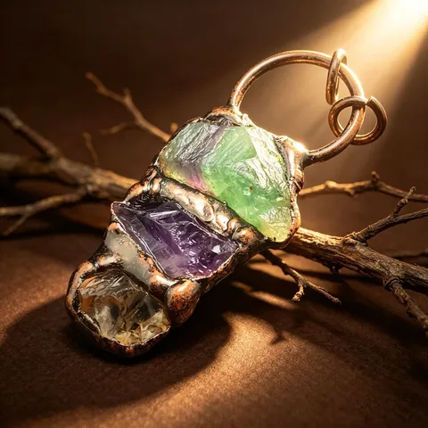 Vintage Natural Amethyst Green Fluorite Citrine Raw Stone Irregular Pendant Necklace Electroplated Antique Bronze Jewelry Gift