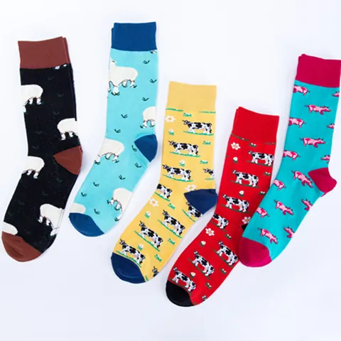 Happy Farm Cartoon Animal Cotton Crew Socks For Women Men Colorful Casual Mid Calf Knitted Socks Sheep Cow Pig Pattern Soft Breathable Athletic Socks