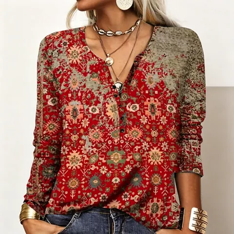 Haut à Manches Longues Imprimé Ethnique Vintage pour Femmes Chemisier Décontracté à Col en V et Boutons Streetwear Imprimé