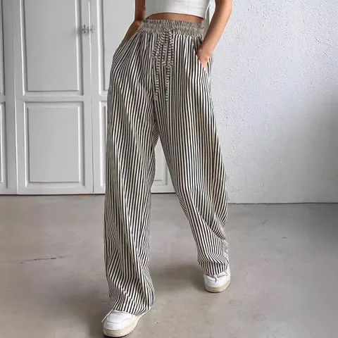 Pantalones Informales de Pierna Recta con Rayas Verticales para Mujer Poliéster Elastano Cintura Baja con Cordón para Primavera Verano