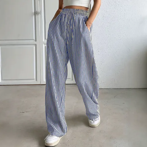 Pantalones Informales de Pierna Recta con Rayas Verticales para Mujer Poliéster Elastano Cintura Baja con Cordón para Primavera Verano