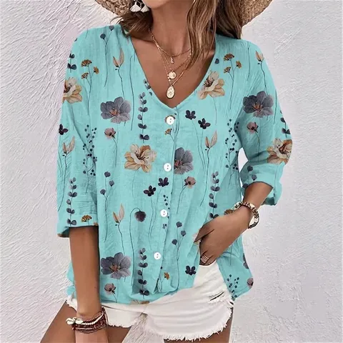 Chemisier Décontracté en Mousseline à Imprimé Floral Col en V Boutons Manches Longues Coupe Large Élégant Femme