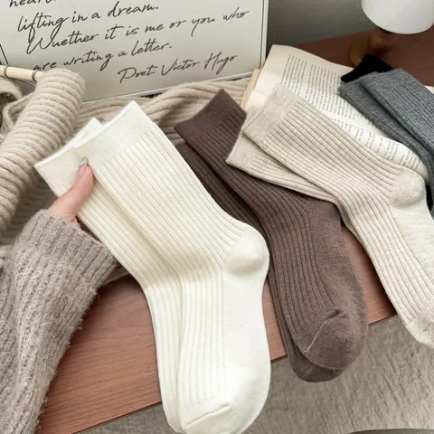 Calcetines de Lana Engrosados para Mujer Calcetines Térmicos de Canalé Invierno Media Caña Color Sólido Cálidos Casuales