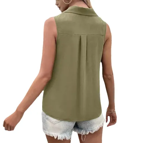 Women's V-Neck Lapel Sleeveless Chiffon Blouse Loose Casual Button Down Summer Top Solid Color Spandex Polyester Shirt