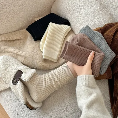 Calcetines de Lana Engrosados para Mujer Calcetines Térmicos de Canalé Invierno Media Caña Color Sólido Cálidos Casuales