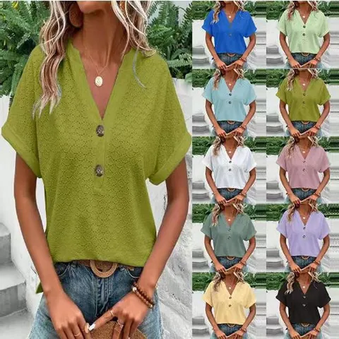 Camiseta Informal con Cuello en V y Botones para Mujer Manga Corta Jacquard Calado Ajuste Holgado Top de Verano de Color Sólido
