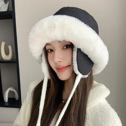 Women Winter Faux Fur Plush Bucket Hat Warm Thickened Earflap Cap Korean Style Windproof Soft Fleece Lined Outdoor Hat For Cold Weather