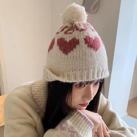 Women Retro Heart Pattern Knit Beanie Hat With Pom Pom Earflap Winter Warm Soft Windproof Polyester Knitted Hat For Outdoor Daily