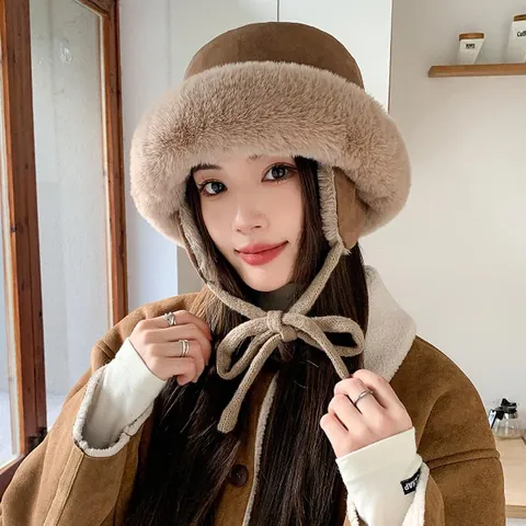 Women Winter Faux Fur Plush Bucket Hat Warm Thickened Earflap Cap Korean Style Windproof Soft Fleece Lined Outdoor Hat For Cold Weather