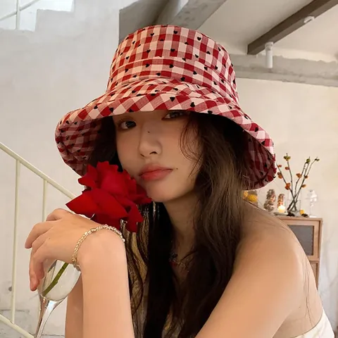 Women Fashion Checkered Heart Print Bucket Hat Wide Brim Sun Protection Korean Style Acrylic Casual Fisherman Hat For Summer
