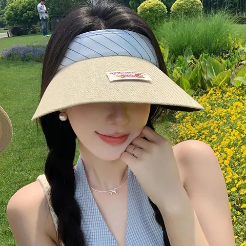 Women Cute Dog Patch Polyester Straw Woven Visor Hat Striped Headband Wide Brim Sun Protection Beach Outdoor Summer Hat