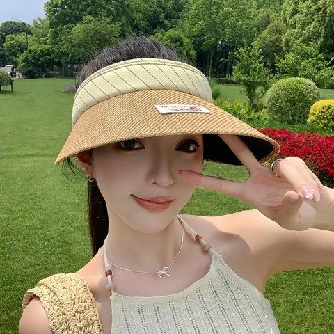 Women Cute Dog Patch Polyester Straw Woven Visor Hat Striped Headband Wide Brim Sun Protection Beach Outdoor Summer Hat