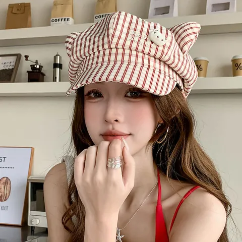 Women Cute Cartoon Cat Ears Plaid Beret Hat Small Face Newsboy Cap Polyester Embroidered Bear Fresh Spring Summer Fashion Hat