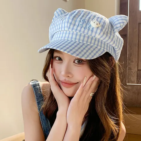 Women Cute Cartoon Cat Ears Plaid Beret Hat Small Face Newsboy Cap Polyester Embroidered Bear Fresh Spring Summer Fashion Hat