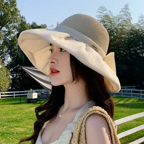 Women French Vintage Hepburn Style Polyester Straw Hat Organza Large Bow Wide Brim Sun Hat Foldable Beach Vacation Hat