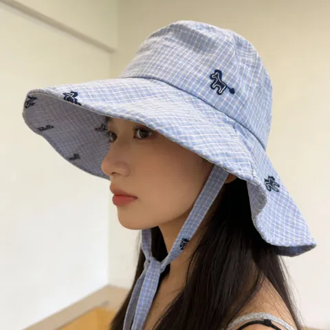 Women Sun Hat Wide Brim Plaid Pattern Bow Tie Ribbon Summer Beach Vacation Packable Bucket Hat With Animal Embroidery