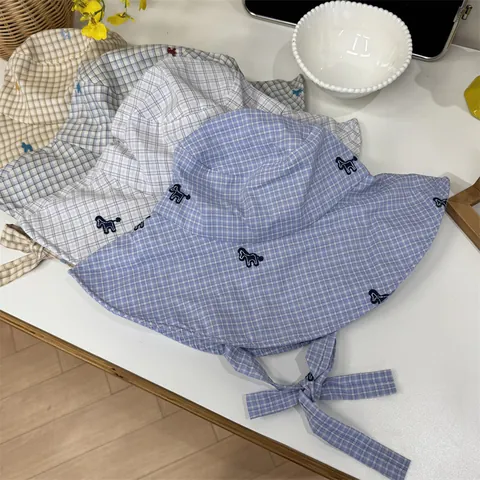 Women Sun Hat Wide Brim Plaid Pattern Bow Tie Ribbon Summer Beach Vacation Packable Bucket Hat With Animal Embroidery