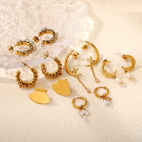Fashion Stainless Steel Geometric Stud Earrings For Women Rhinestone Moon Star Fan Shape Rhinestone Artificial Pearl Drop Earrings Jewelry