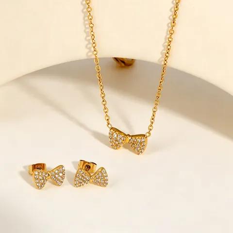 Elegant Stainless Steel Bow Pendant Necklace Zirconia Inlaid Gold Clavicle Chain Small Bow Stud Earrings Jewelry For Women
