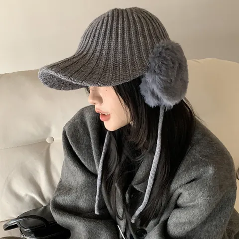 Women Winter Warm Knitted Earflap Beanie Hat With Visor Thickened Plush Lining Thermal Windproof Acrylic Cable Knit Hat
