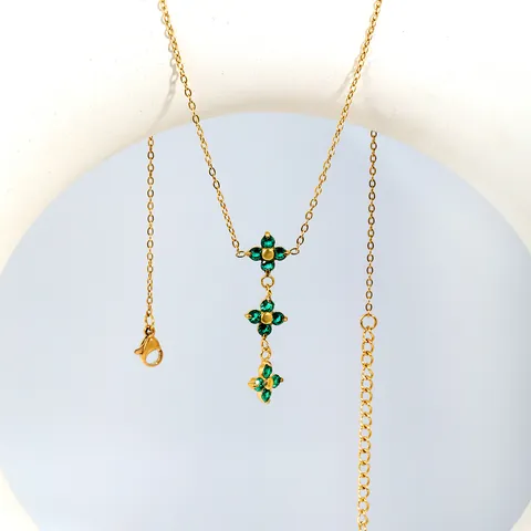 Stainless Steel 18K Gold Plated Green Zirconia Four Leaf Clover Jewelry Set With Tassel Necklace Bracelet Hoop Earrings For Women