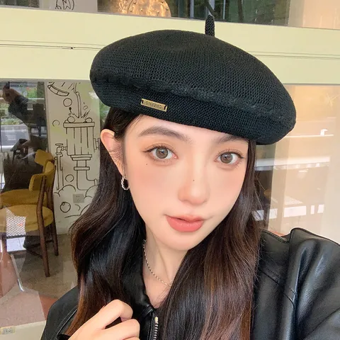 Women Knitted Beret Hat Breathable Artist Painter Cap Solid Color Acrylic French Style Headwear Accessory Summer Autumn