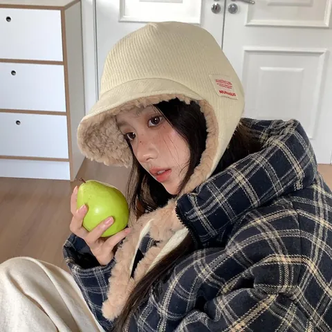 Women's Korean Style Trapper Hat Ins Versatile Knitted Ear Protection Bomber Hat Winter Warm Faux Fur Plush Aviator Cap