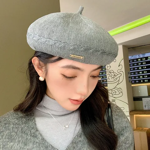 Women Knitted Beret Hat Breathable Artist Painter Cap Solid Color Acrylic French Style Headwear Accessory Summer Autumn