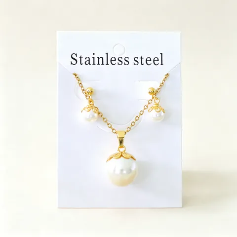 Juego de Joyería de Acero Inoxidable Perla Artificial Collar y Pendientes Dorado Strass Juego para Mujer Elegante