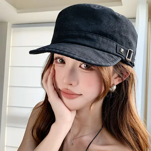 Vintage Rivet Flat Top Hat For Women Korean Retro Cadet Cap Newsboy Cap For Spring Autumn Winter Daily Casual Fashion Headwear
