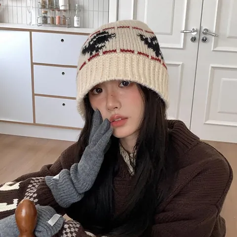 Women Retro Knit Fisherman Hat Ethnic Fair Isle Pattern Winter Warm Acrylic Bucket Hat Vintage Cloche Cap Outdoor Accessories