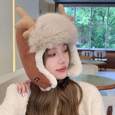 Women Winter Reindeer Antlers Trapper Hat Padded Warm Windproof Ear Protection Acrylic Faux Fur Cute Lei Feng Hat For Christmas