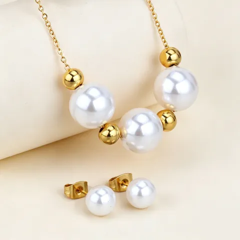 Ensemble Collier et Boucles d'Oreilles en Acier Inoxydable Perles Artificielles Or Argent Strass Bijoux pour Femmes