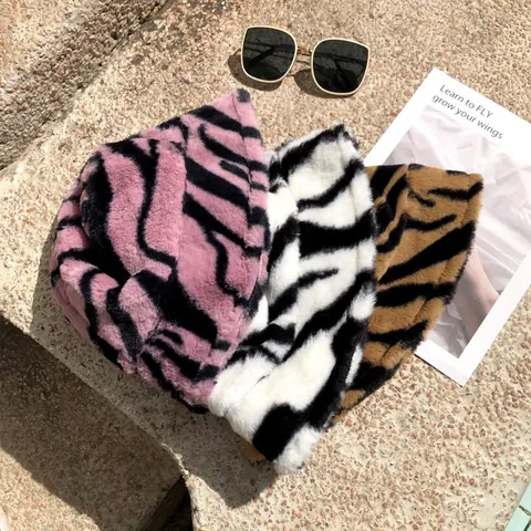 Women Winter Plush Bucket Hat Fashion Zebra Stripe Faux Fur Warm Fisherman Cap Soft Outdoor Daily Hat For Ladies