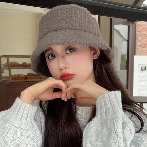 Women Plush Bucket Hat Thick Warm Winter Knitted Fisherman Cap Maillard Style Retro Solid Color Fuzzy Basin Hat With Patch
