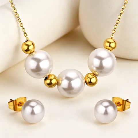 Ensemble Collier et Boucles d'Oreilles en Acier Inoxydable Perles Artificielles Or Argent Strass Bijoux pour Femmes