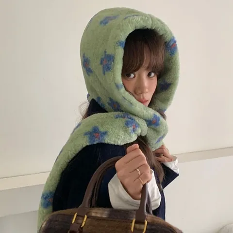 Women Plush Integrated Hooded Scarf Balaclava Korean Style Floral Print Warm Windproof Winter Ear Protection Hat Scarf Set