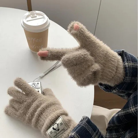 Guanti in Maglia di Peluche Soffici Caldi Invernali da Donna con Patch Pinguino Touchscreen a Dita Intere Termici Morbidi