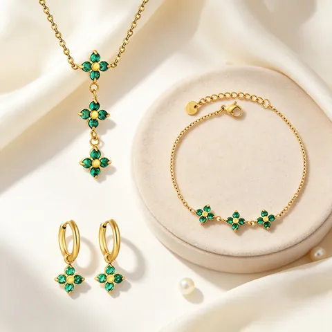 Stainless Steel 18K Gold Plated Green Zirconia Four Leaf Clover Jewelry Set With Tassel Necklace Bracelet Hoop Earrings For Women