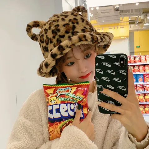 Women Plush Bucket Hat With Bear Ears Leopard Print Faux Fur Basin Hat Winter Warm Soft Thermal Outdoor Sweet Animal Ear Hat