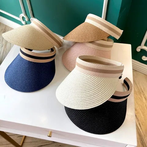 Visière en Paille pour Femmes Chapeau de Soleil à Large Bord Pliable Bandeau de Protection Solaire Chapeau de Plage Vacances