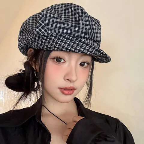 Women Plaid Newsboy Cap British Style Vintage Checkered Baker Boy Hat Versatile Painter Beret Octagonal Cap For Spring Daily Travel