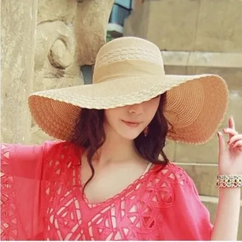 Women Straw Sun Hat Large Brim Wavy Edge Bow Summer Beach Hat UV Protection Holiday Woven Ribbon Straw Hat