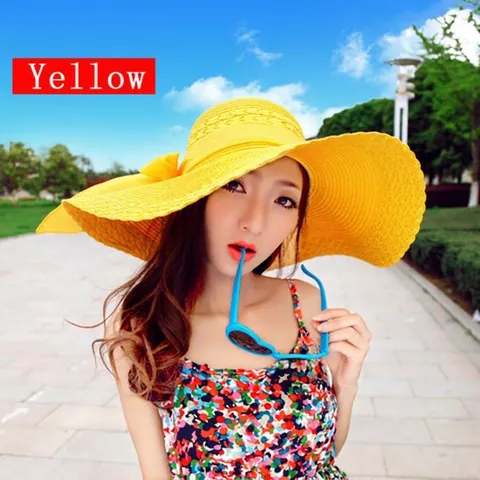 Women Straw Sun Hat Large Brim Wavy Edge Bow Summer Beach Hat UV Protection Holiday Woven Ribbon Straw Hat