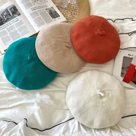 Women Thin Breathable Cotton Knit Beret Octagonal Painter Hat Vintage Japanese Style Solid Color Fashion Decorative Beanie Hat