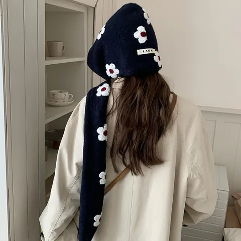 Women Cute Floral Plush Integrated Hat Scarf Hooded Neck Warmer Warm Ear Protection Winter Outdoor Knit Pullover Cap