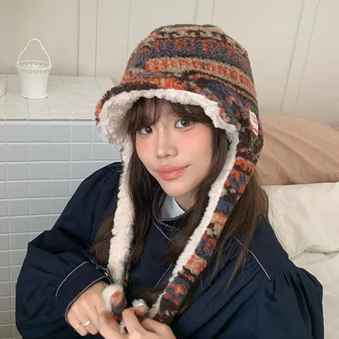 Women's Fair Isle Thickened Plush Trapper Hat Winter Warm Windproof Ear Protection Aviator Hat With Straps Geometric Cap