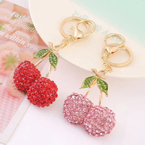 3D Stereoscopic Alloy Rhinestone Cherry Keychain Fashion Fruit Bag Charm Pendant Gift For Women Pink Red Fruit Keyring
