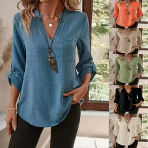 Camiseta de Manga Larga de Elastano Suelta para Mujer con Cuello en V y Bolsillo Botón de Retazos Top de Moda Casual