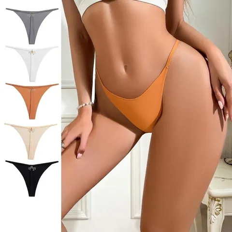 Perizoma Donna Sexy in Seta di Ghiaccio Senza Cuciture a Vita Bassa Tanga Con Anello di Metallo Intimo Traspirante T-Back da Donna